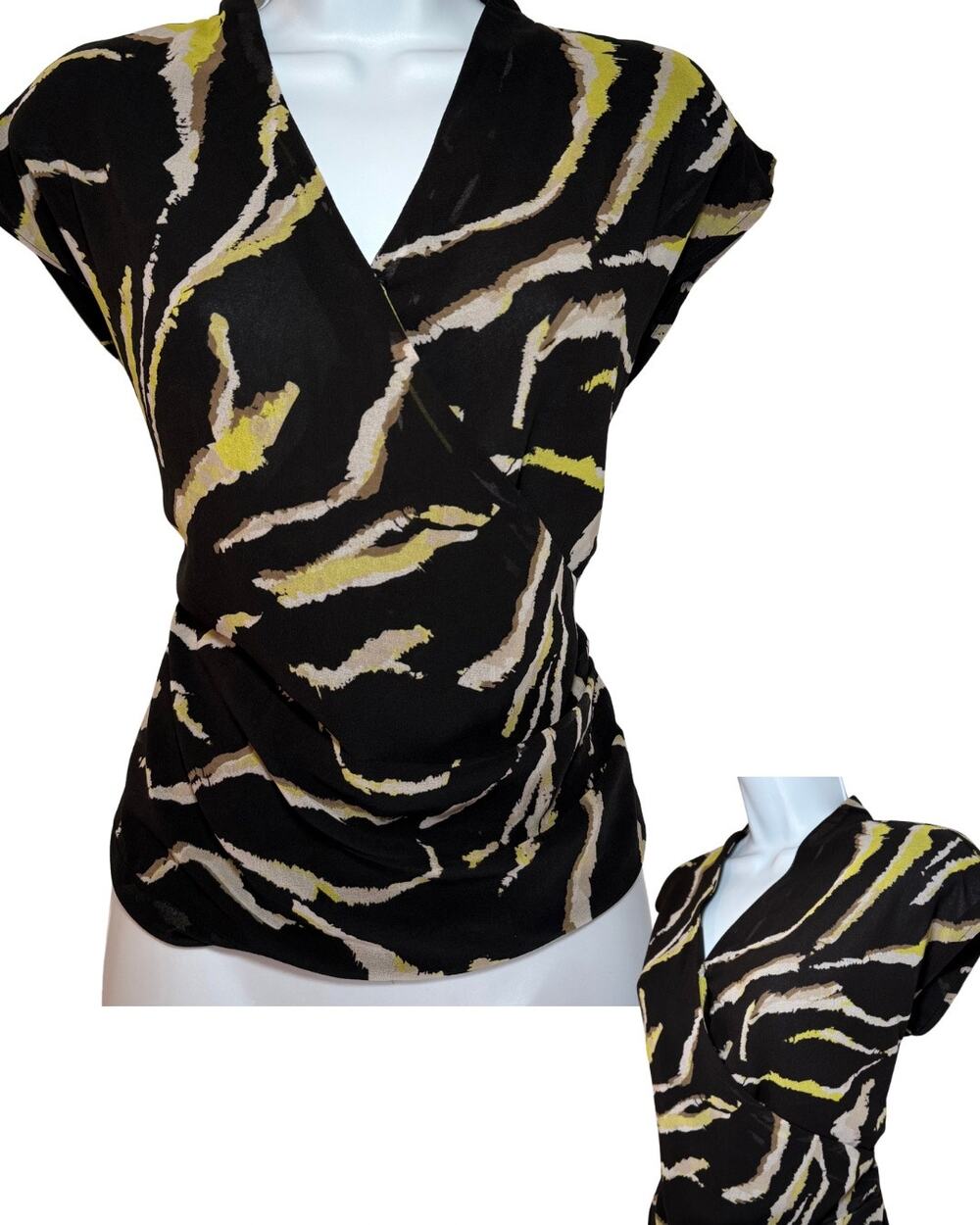 DKNY Black Abstract Print V Neck Semi Cropped Wrap Style Top Size Small Career